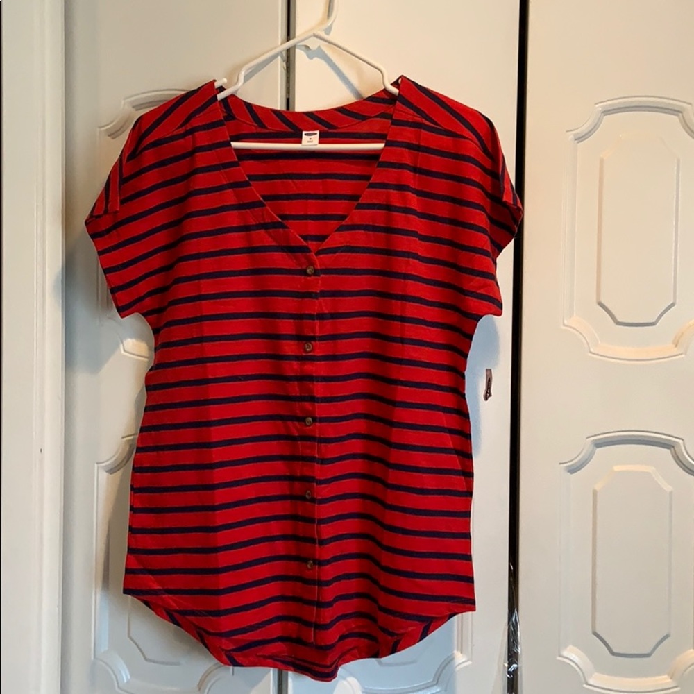 Striped button front v-neck